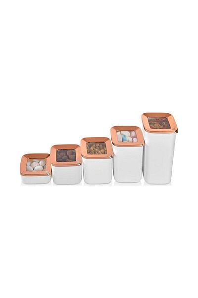 VİP AHMET White Copper Square Storage Container - Set of 5 1700+1200+900+700+250 ml