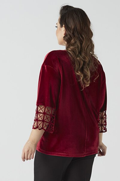 Moda Alba Claret Red Three-Quarter Sleeve Patterned Women's Plus Size Stylish Velvet Blouse with Pockets