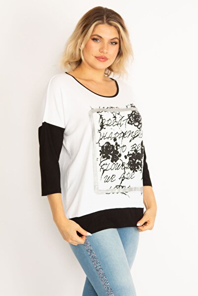 Şans Tunica în două culori pentru femei, mărime mare, cu imprimeu alb în față și cu detalii în piatră 65n29337