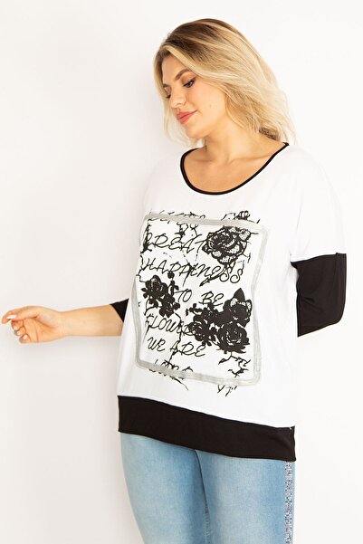 Şans Tunica în două culori pentru femei, mărime mare, cu imprimeu alb în față și cu detalii în piatră 65n29337