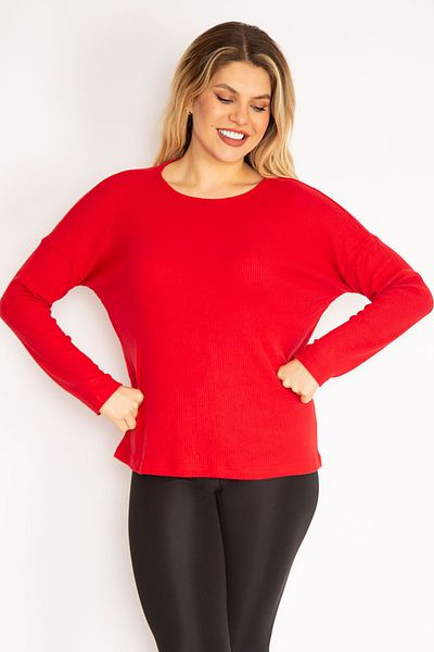 Şans Women's Large Size Red Crew Neck Self-Striped Blouse 65n30357
