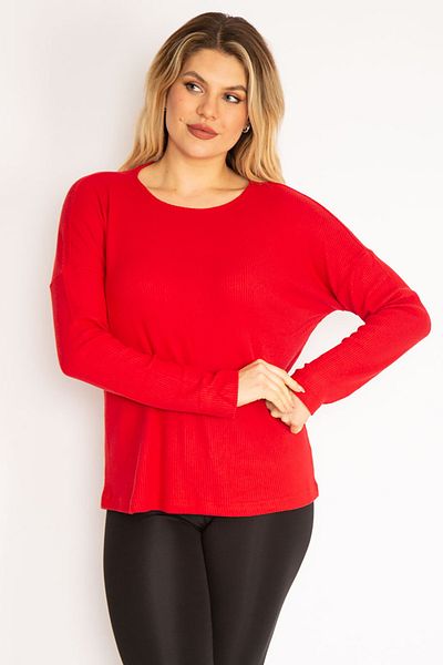Şans Women's Large Size Red Crew Neck Self-Striped Blouse 65n30357