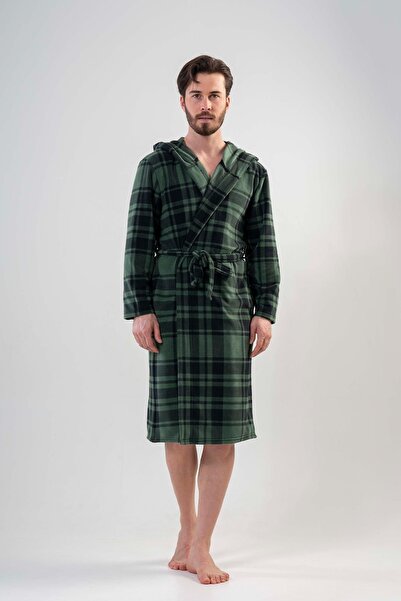 VİENETTA 201022-0357 Men's Fleece Hooded Green Robe