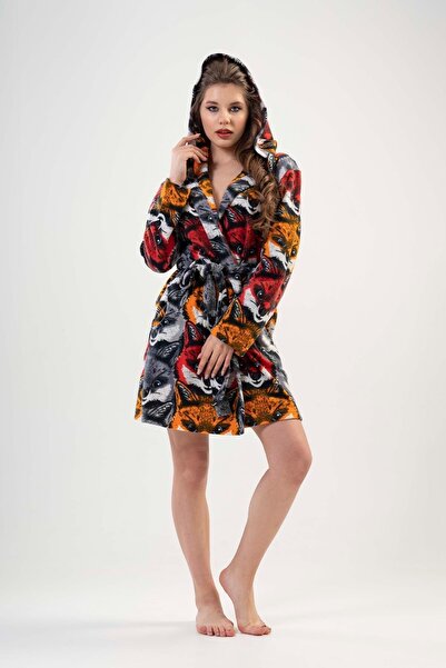 VİENETTA 201039-0281 Kısa Polar Desenli Gri Sabahlık