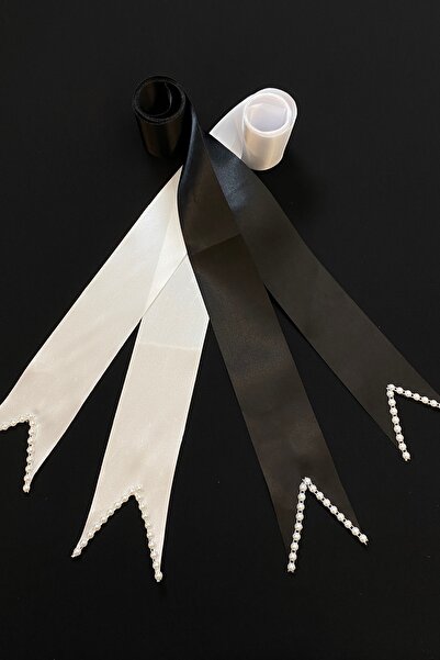 ZEYMERADE Siyah Beyaz Sade Incili Gelin Damat Takı Kurdelesi, Takı Kemeri