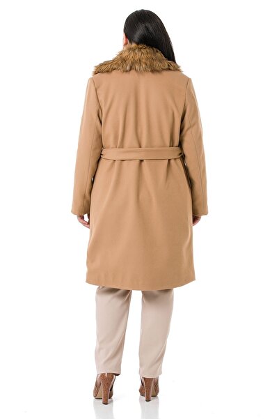 DISENTIS MODEST Plus Size Fur Collar Side Pocket Belted Lined Beige Stamp Coat