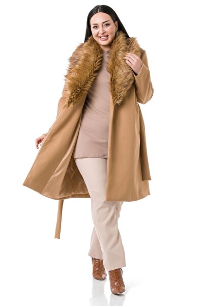 DISENTIS MODEST Plus Size Fur Collar Side Pocket Belted Lined Beige Stamp Coat