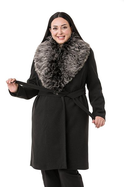 DISENTIS MODEST Plus Size Fur Collar Side Pocket Belted Lined Black Stamp Coat