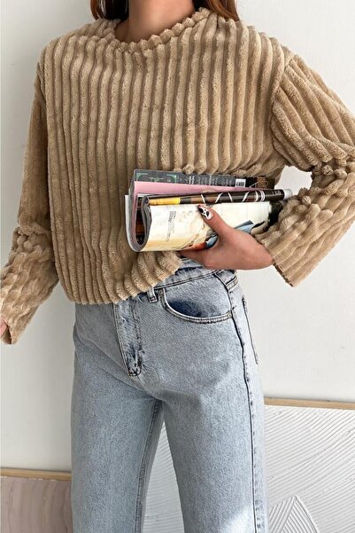 FEMELLE Women's Beige Plush Fabric Standard Size Soft Sweater