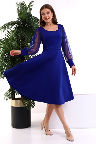 Fasmia Saks Yuvarlak Yaka Kol Tül Elbise F117