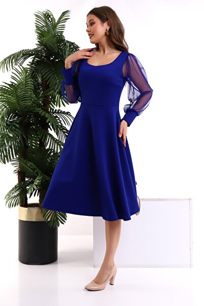 Fasmia Saks Yuvarlak Yaka Kol Tül Elbise F117