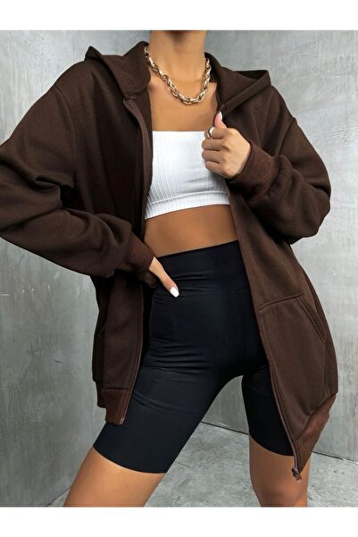 MOONBULL Brown Zippered Oversize Sweatshirt