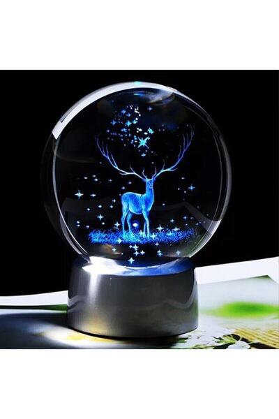 Lapidaria Geyik Temalı Işıklı 3d Led Işıklı Cam Küre Ve Mavi Kartanesi Kolye
