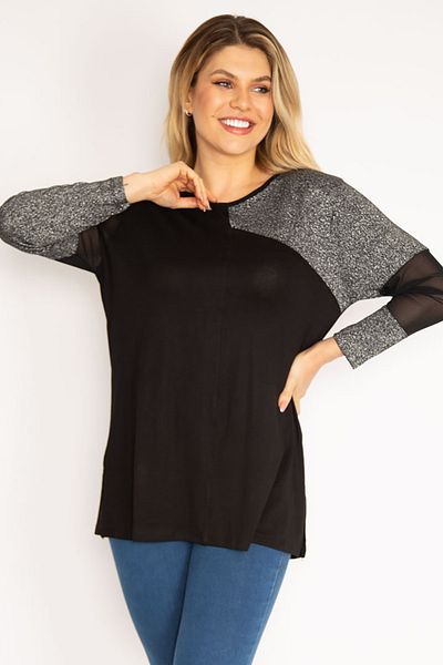 Şans Women's Large Size Black Glitter Detailed Blouse 65n35187