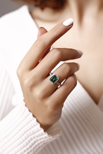 SARIASLAN Pırlanta Montür Zümrüt Yeşili Baget Taşlı Yüzük,sevgiliye Özel Hediye