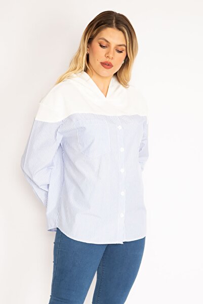 Şans Tekstil Women's Blue Front Buttoned Hooded Sports Shirt Tunic 87m35184