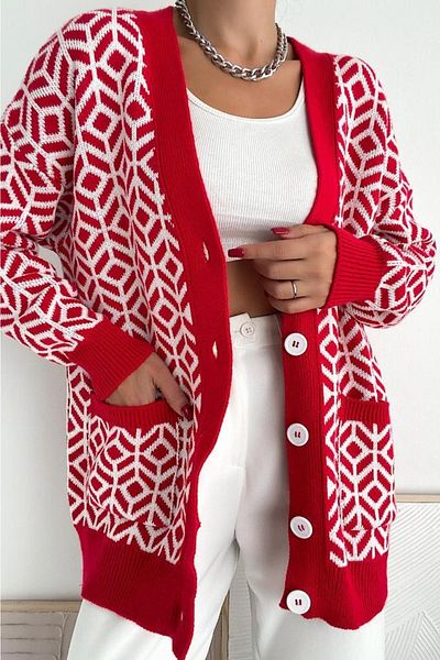 FEMELLE Women's Red Geometric Pattern Double Pocket Buttoned Loose Oversize Knitwear Long Cardigan