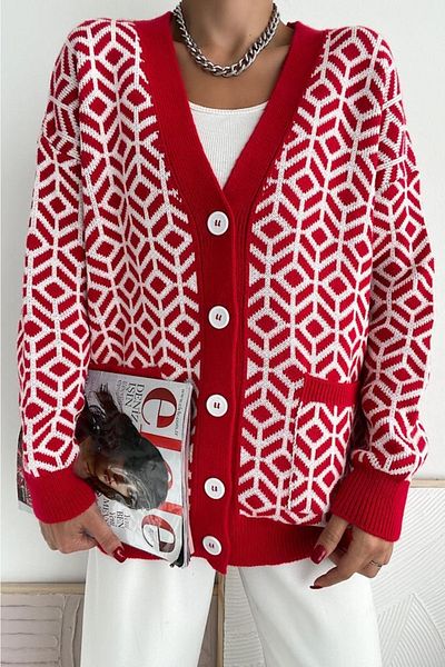 FEMELLE Women's Red Geometric Pattern Double Pocket Buttoned Loose Oversize Knitwear Long Cardigan