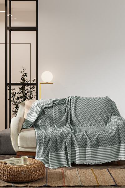 Vagonik Husa de canapea din in natural Zigzag |   Husa canapea extensibila pentru fotoliu - verde inchis