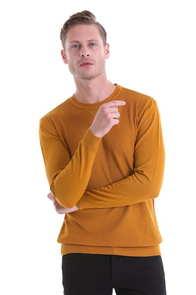 Hatemoğlu سترة صوفية من الصوف برقبة دائرية ونمط محبوك باللون الأرز من Safran