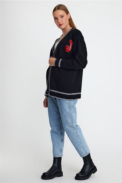Tarz Cool Cardigan negru cu nasturi brodat pentru femei-ktrz8184r03s