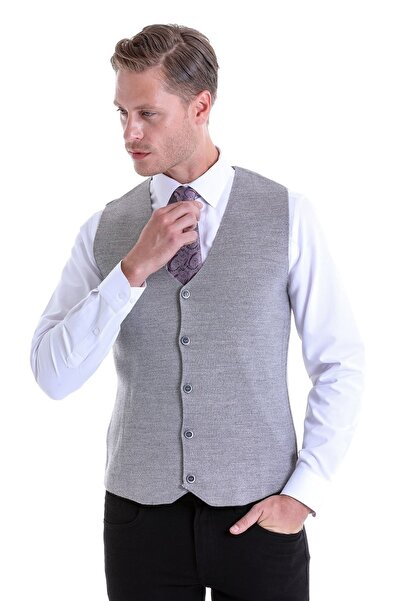 Hatemoğlu Gri Comfort Fit Düz V Yaka Yünlü Klasik Triko Yelek