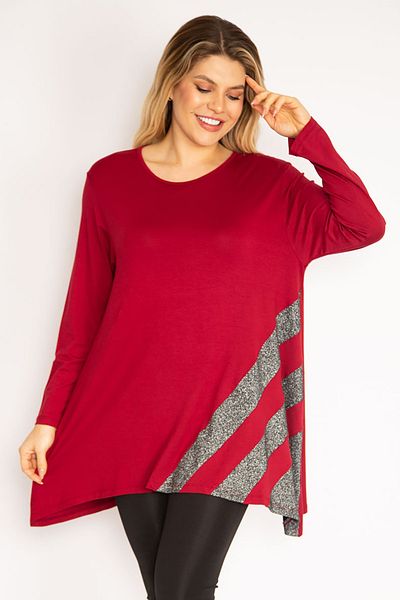 Şans Women's Large Size Claret Red Glitter Detailed Tunic 65n35186