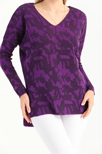 diaves Karma Desen V Yaka Arkası Uzun Önü Kısa Triko Bluz