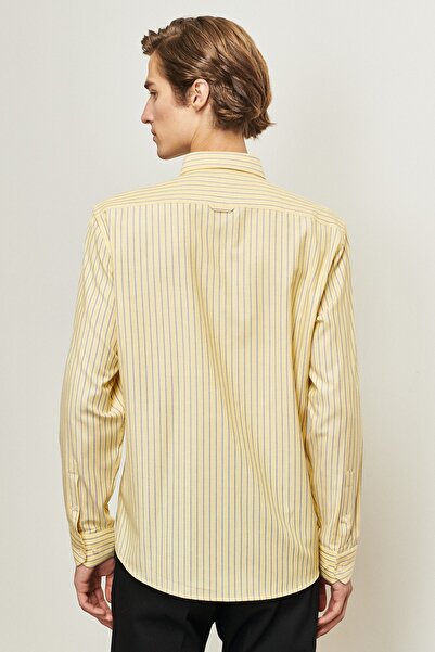 ALTINYILDIZ CLASSICS Erkek Sarı-lacivert Slim Fit Dar Kesim Düğmeli Yaka Çizgili Gömlek