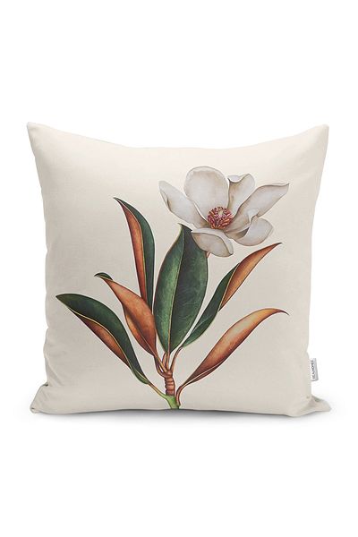 Realhomes Ecru- Green Canvas Motif Floral Patterned Digital Printed Pillow Cushion Cover on the Floor