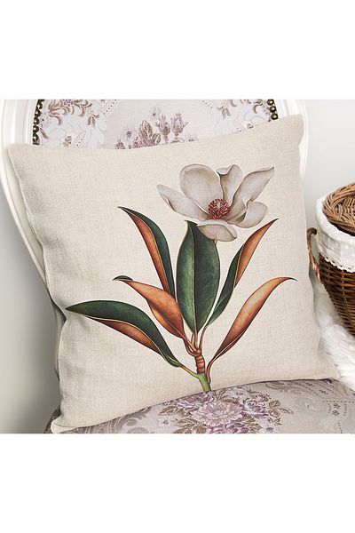 Realhomes Ecru- Green Canvas Motif Floral Patterned Digital Printed Pillow Cushion Cover on the Floor