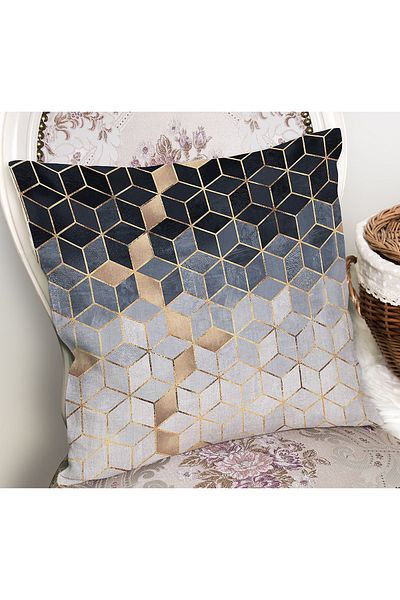 Realhomes Gri - Husă de pernă cu model geometric, imprimată digitală, cu motiv de mozaic pe fundal albastru