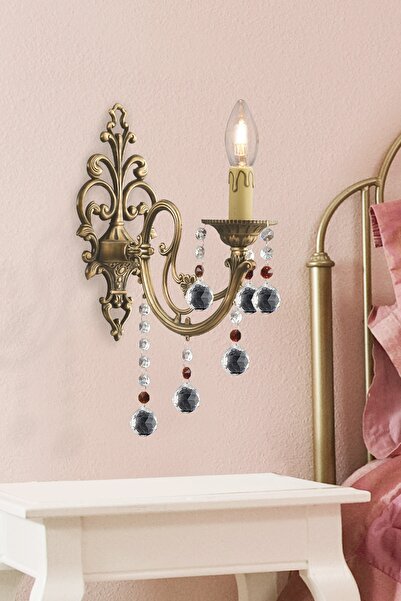 Apliqa Beyza Tekli Eskitme Kristal Taşlı Duvar Lambası Yatak Odası-Yatak Başı...