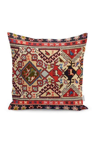 Realhomes Digital Printed Pillow and Throw Pillow Cover with Turkmen Motif and Rug Pattern on Red Background