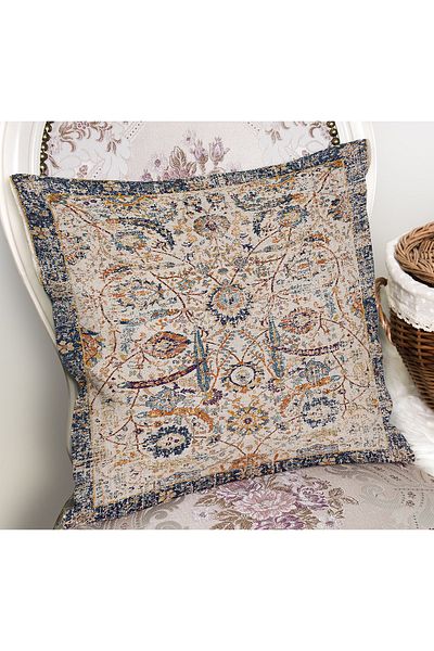 Realhomes Ecru - Digital Printed Pillow and Throw Pillow Cover with Authentic Motif on Blue Background