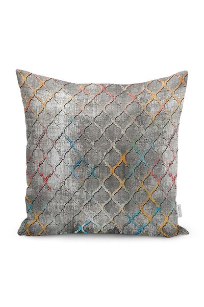 Realhomes Gri Zeminde Morrocan Motifli Kanvas Desenli Dijital Baskılı Yastık Kırlent Kılıfı