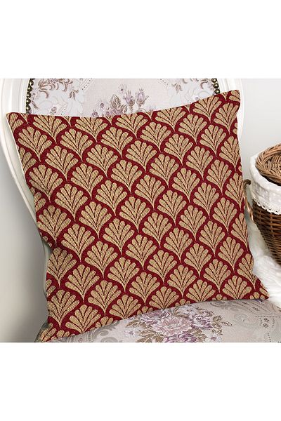 Realhomes Digital Printed Pillow and Throw Pillow Cover with Gold Motif and Leaf Pattern on Claret Red Background