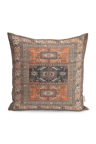 Realhomes Kiremit Zeminde Çerçeve Motifli Kilim Desenli Dijital Baskılı Yastı...