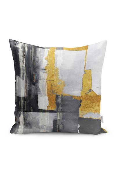 Realhomes Gold Motif Oil Painting Patterned Digital Printed Pillow Cushion Cover on Yellow - Gray Background