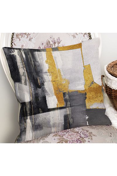Realhomes Gold Motif Oil Painting Patterned Digital Printed Pillow Cushion Cover on Yellow - Gray Background