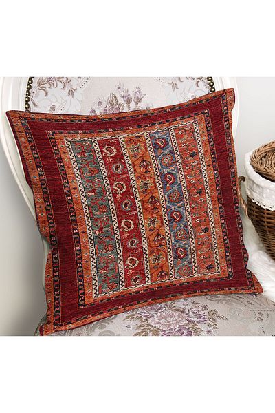Realhomes Ethnic Patterned Digital Printed Pillow and Throw Pillow Cover with Traditional Motifs on Red Background