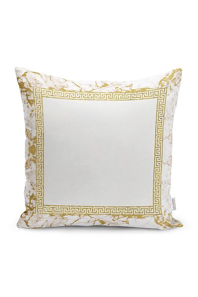 Realhomes Gold Colored Motif Geometric Patterned Digital Printed Pillow Cushion Cover on Ecru Floor