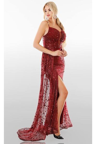 dükkan10butika Kadın Göğüsü Pileli Yırtmaçlı Pullu Uzun Abiye Mezuniyet Elbis...