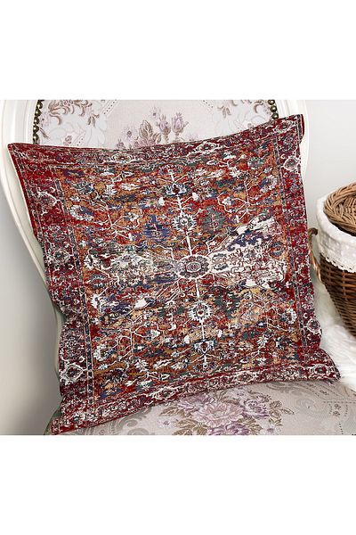 Realhomes Digital Printed Pillow and Throw Pillow Cover with Woven Carpet Motif on Red Background