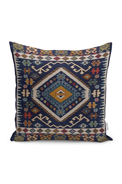 Realhomes غطاء وسادة مطبوع رقميًا بنمط سجادة إيرانية على أرضية زرقاء داكنة