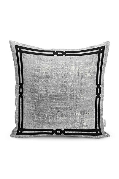 Realhomes Gri - Siyah Zeminde Çerçeveli Motifli Dokuma Desenli Dijital Baskıl...