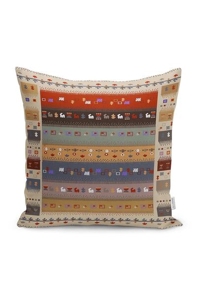 Realhomes Krem - Kırmızı Zeminde Otantik Motifli Kilim Desenli Dijital Baskılı Yastık Kırlent Kılıfı