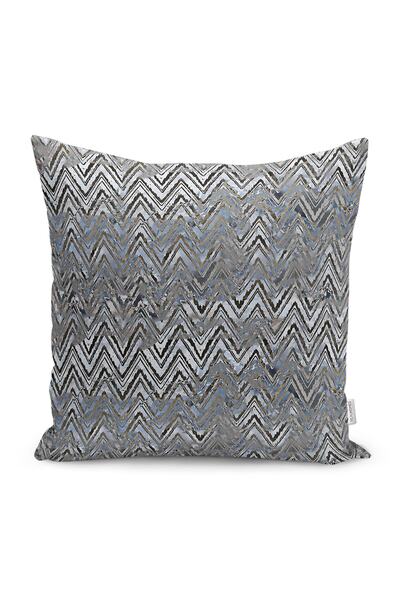 Realhomes Gri Zeminde Eskitme Motifli Zikzak Desenli Dijital Baskılı Yastık K...