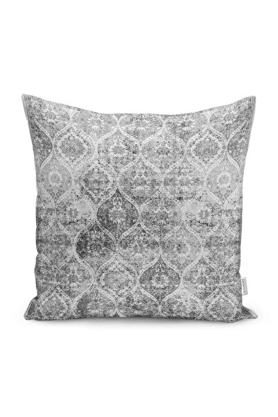 Realhomes Gri Zeminde Eskitme Motifli Kilim Desenli Dijital Baskılı Yastık Kı...