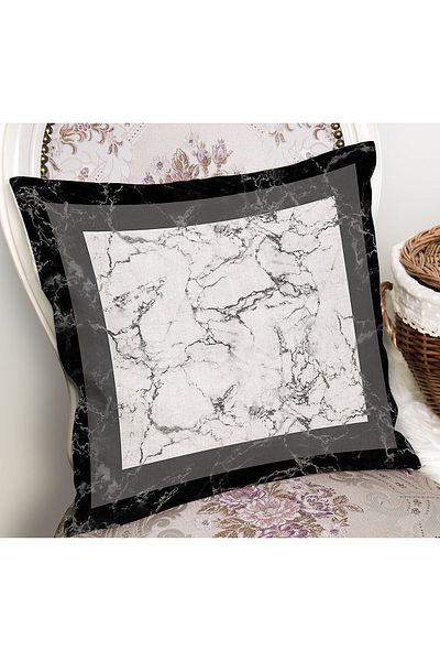 Realhomes White - Black Framed Motif Marble Patterned Digital Printed Pillow Cushion Cover on the Floor